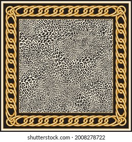 Vector carpet print on a beige leopard skin pattern background. Fashionable gold classical Greek borders, Baroque fantasy double chain frame. Scarf, shawl, rug