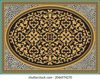 Vector carpet print on a beige leopard skin background. Fashionable pattern from elliptical gold frieze, Greek key pattern, meander border, turquiose. Oval black rosette with Baroque golden scrolls