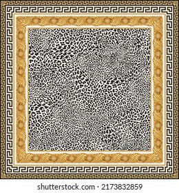 Vector carpet print on a beige leopard skin pattern background, gold acorn frame, Greek meander frieze. 4 border pattern brushes in the brush palette