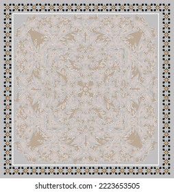 Moqueta vectorial impresa sobre un fondo de damasco con motivos florales de color beige. Fronteras de flores clásicas de moda, marco floral botánico de fantasía barroca. Carne, chal, estampado textil de diseño de arte de alfombras