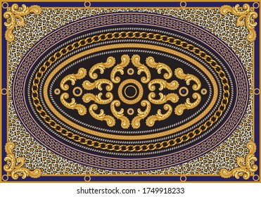 Vector carpet print on a black and leopard skin background. Fashionable pattern from gold chains, Baroque fantasy scrolls, acanthus leaves. Scarf, shawl, neckerchief, rug, silk tapis textile patch