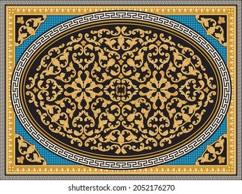 Vector carpet print on a turquoise hounds tooth background. Oval black rosette with Baroque golden scrolls, Elliptical gold frieze, Greek key pattern, meander border