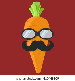 Vector carrot cartoon with glasses and mustache isolated icon.