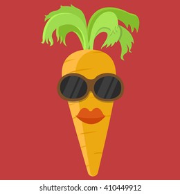 Vector carrot cartoon with glasses and red lips isolated icon.