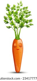 Vector carrot character on white background. Cute carrot with leaves. Funny cartoon character