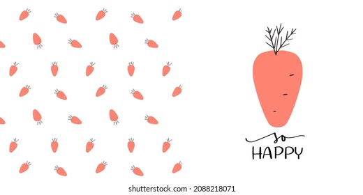 Vector carrot hand drawn image and seamless pattern set for kids or baby two-peace clothing in white, black and soft orange three colours.