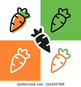 Vector carrot icon in five different styles and colors. Logo. Healthy food. Vegetarianism, veganism. Orange vegetable.