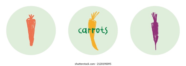 Vector carrot icon isolated. Textured hand-drawn carrots illustration. Vegetarian restaurant symbol. Home cooking sign. Vegetable drawings for organic food label, juice packaging, vegan cosmetics.