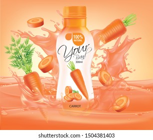 Vector carrot juice, fruit glass bottle with drop splash