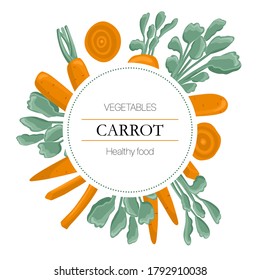 Etiqueta redonda de zanahoria vectora con espacio de texto. Recortes de zanahoria recién hechos al fondo en forma de caricatura para el diseño del mercado agrícola de otoño.