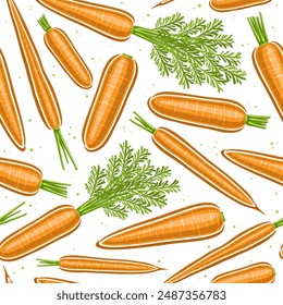 Vector Carrot Seamless Pattern, decorative background with flying cartoon ripe carrots for wrapping paper, square placard with flat lay outline raw carrot fruits with green leaves on white background
