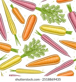 Vector Carrot Seamless Pattern, decorative background with flying cartoon peeled carrots for wrapping paper, square placard with flat lay colorful carrot fruits with green leaves on white background