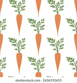 Vector Carrot Seamless Pattern. Hand Drawn Carrot with Leaves. Vegetable Background with Organic Carrot Texture. Cute Carrot Repeat for Fabric, Kids Print, Packaging, Eco Product, Vegan Design