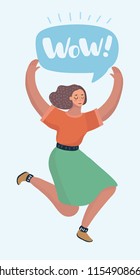 Vector carrtoon illustratio of jumping celebrating success achievement or surprised. Speech bubble above her. Female modern character on white bacground.