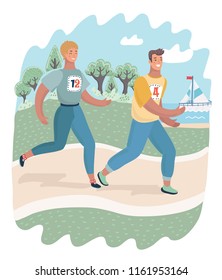 Vector carrtoon illustrationo of Cheerful couple friends running in park. Man and woman caracters run.