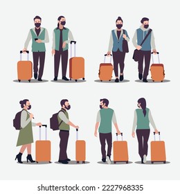 vector Carry suitcase is a design of a man and woman walking holding suitcases wearing masks to go out