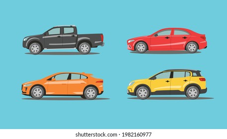 Vector cars collection. Cars, trucks and sports car in flat style design