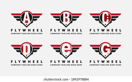 vector cars logo illustration. wheel and wings with letter A,B,C,D,E,F,G