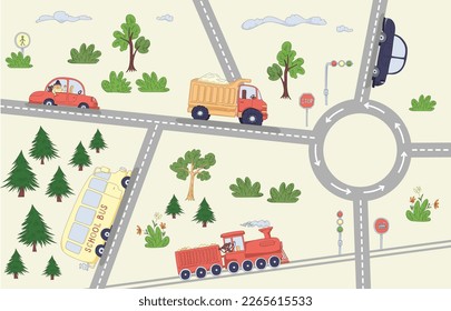 Vector Cars on Road Illustration with Traffic Light, Truck, Taxi, Train, School Bus, Bushes, Clouds and Sun, Cute Children's Illustration.