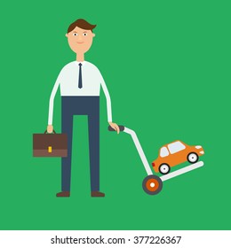 Vector cars sale image in flat style. Joyful the seller or the buyer carries a cart with the machine. Demand and supply 