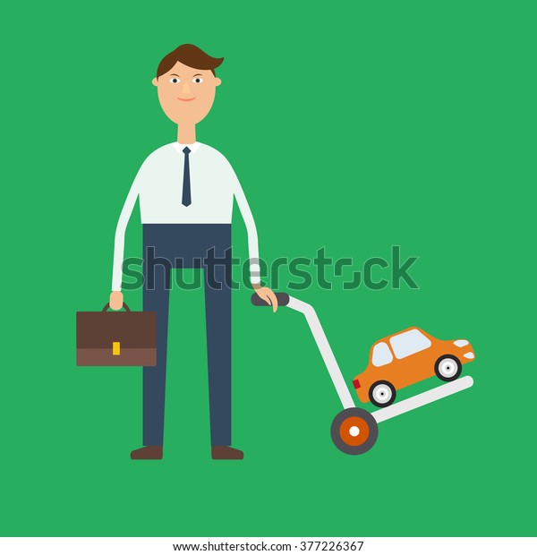 Vector cars sale image in flat style. Joyful the seller\
or the buyer carries a cart with the machine. Demand and supply\
