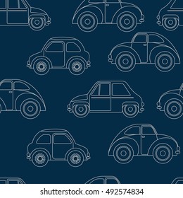 Vector cars. Seamless background. Wallpaper in the nursery. On a dark background.