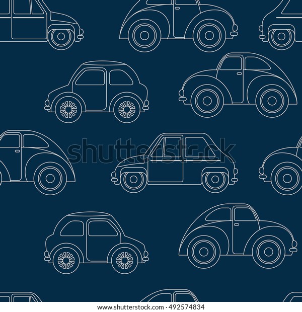 Vector cars. Seamless background. Wallpaper\
in the nursery. On a dark\
background.
