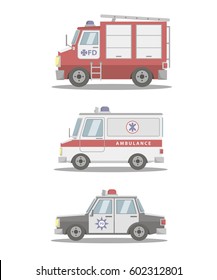 Vector Cars Set Flat 911 Police Ambulance Fire Truck 