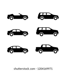 Vector cars - set of vector monochrome automobiles with different car body - sedan, offroad, roadster, pickup, universal, hatchback - icons collection