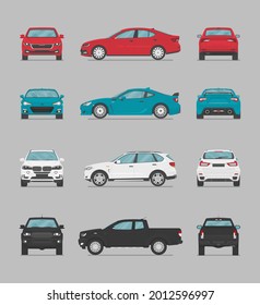 Vector Cars. Side View, Front View, Back View, Top View. Cartoon Flat Illustration, Car For Graphic And Web