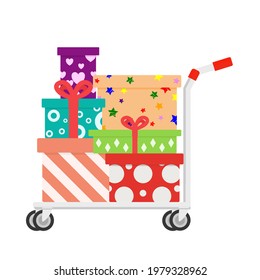 Vector of a cart full of holiday gifts wrapped up as present boxes