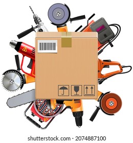 Vector Carton Box with Power Tools isolated on white background