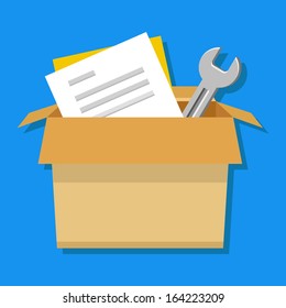 Vector Carton Box with Tools and Documents Icon