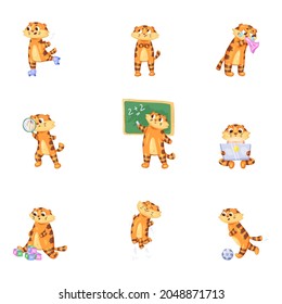 vector carton cute little tiger set.different situations and activities. isolated. great for children nursery design, print, card, wrapping.