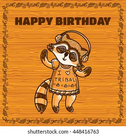 Vector carton greeting card. Happy birthday card with cute smiling raccoon, vine frame with branch and leaves. Sepia brown trees colors, wooden, timber background. Mori-girl style series