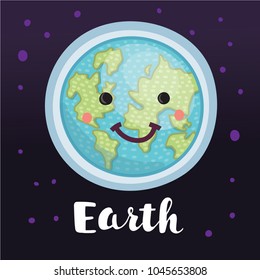 Vector carton illustration of creative concept planet Earth globe with cute face smiling for humanity earth day cartoon modern. Save the world. Hand drawn lettering name.