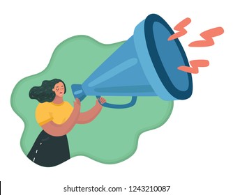 Vector carton illustration of A female speaker holding a big giant megaphone. Promoter advertising using a speaker. Woman speaking. Social media marketing concept. V Vector carton illustration of A female speaker holding a big giant megaphone. Promoter advertising using a speaker. Woman speaking. Social media marketing concept. V