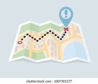 Vector Carton Illustration Of Folded Maps Navigation With Point Markers And Pin. Route, Destination And Lockation. Object On Isolated White Background.