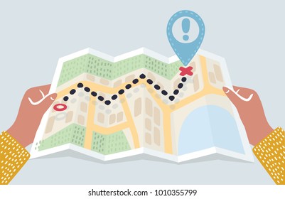 Vector carton illustration of hands holding abstract city map with pin. Destination, location, route, start point. Gps navigation concept. Location maps, travel destination, route 