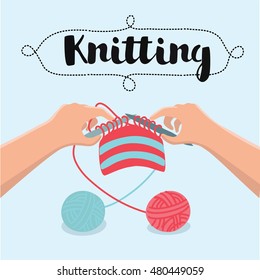 Vector carton illustration of knitting process and accessories. Workshop, hands hold needles with thread and ball of yarn