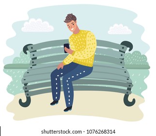 Vector carton illustration of Man sitting on park bench and looking at smartphone display.