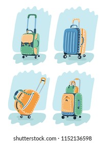 Vector cartoo image of four different bag backpack in different colors and type.