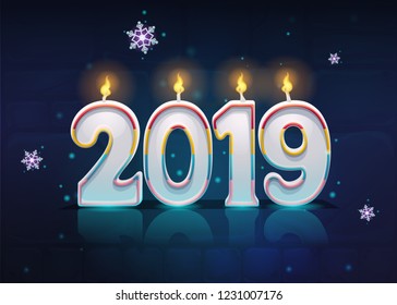 Vector cartoon 2019 New Year on a brick wall background with snowflake. Bright image to create original video or web games, graphic design, screen savers.