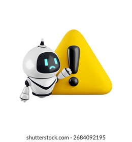 Notificação de alerta de alerta do assistente Vetor Cartoon 3d AI. Ícone realístico do triângulo do sinal de exclamação de renderização 3d com robô triste bonito. Atenção a erros de inicialização de bate-papo, detecção de problemas de Inteligência Artificial.