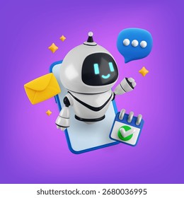 Vector cartoon 3d AI chat bot assistant banner. Realistic 3d render robot character on smartphone screen with message, mail, calendar icons. Artificial intelligence support service concept.