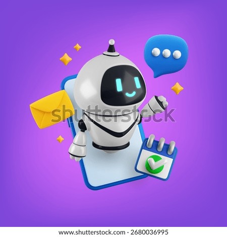 Vector cartoon 3d AI chat bot assistant banner. Realistic 3d render robot character on smartphone screen with message, mail, calendar icons. Artificial intelligence support service concept.