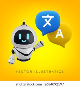 Vetor cartoon 3d AI idioma tradução chat bot banner. Personagem robô renderização 3D realista e bolha de fala de mensagem estrangeira. Tradução de inteligência artificial, conceito de tecnologia de localização.