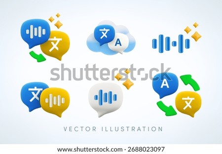 Vector cartoon 3d AI language translation icon set. Realistic 3d render voice and foreign text message speech bubble, arrow, sparkle, cloud. Artificial intelligence sound recognition, voice input.