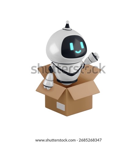 Vector cartoon 3d AI logistics automation. Realistic 3d render robot character in open carton box. Artificial intelligence parcel management, chat bot delivery assistant service concept, smart storage