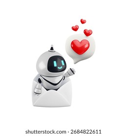Vector de dibujos animados 3d AI mensaje de amor asistente personal. Personaje realista del robot del render 3d, sobre del email, burbuja del discurso con el corazón. Chat romántico, Inteligencia artificial Saludos de San Valentín